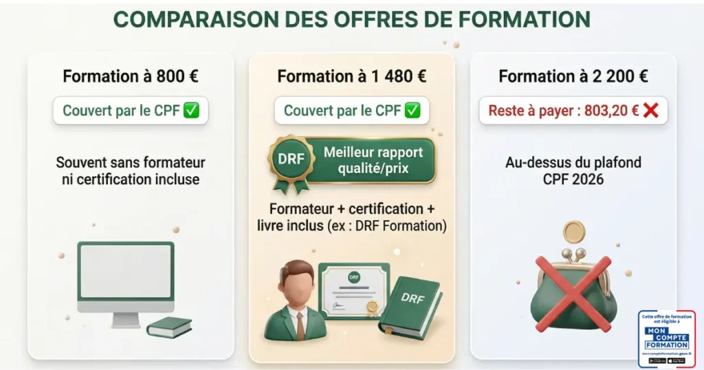 Comparatif prix formation Excel CPF 2026 avec plafonnement à 1500 euros
