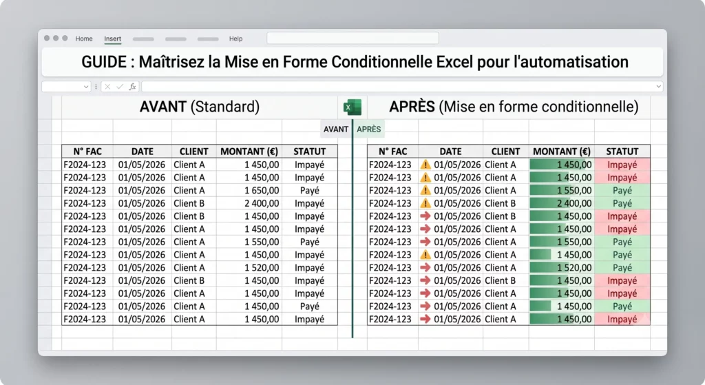 Mise en forme conditionnelle Excel avant après sur un tableau de données